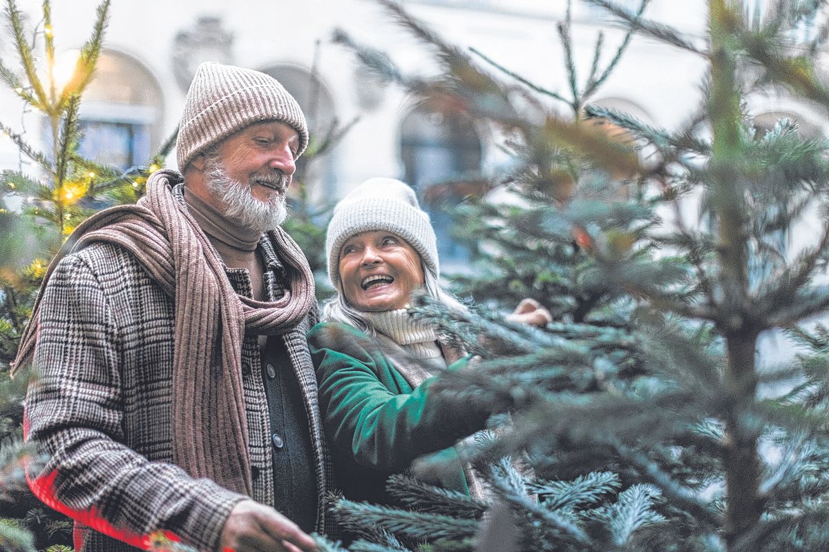 Happy,Senior,Couple,Enjoying,Christmas,Market,,Buying,Christmas,Tree.